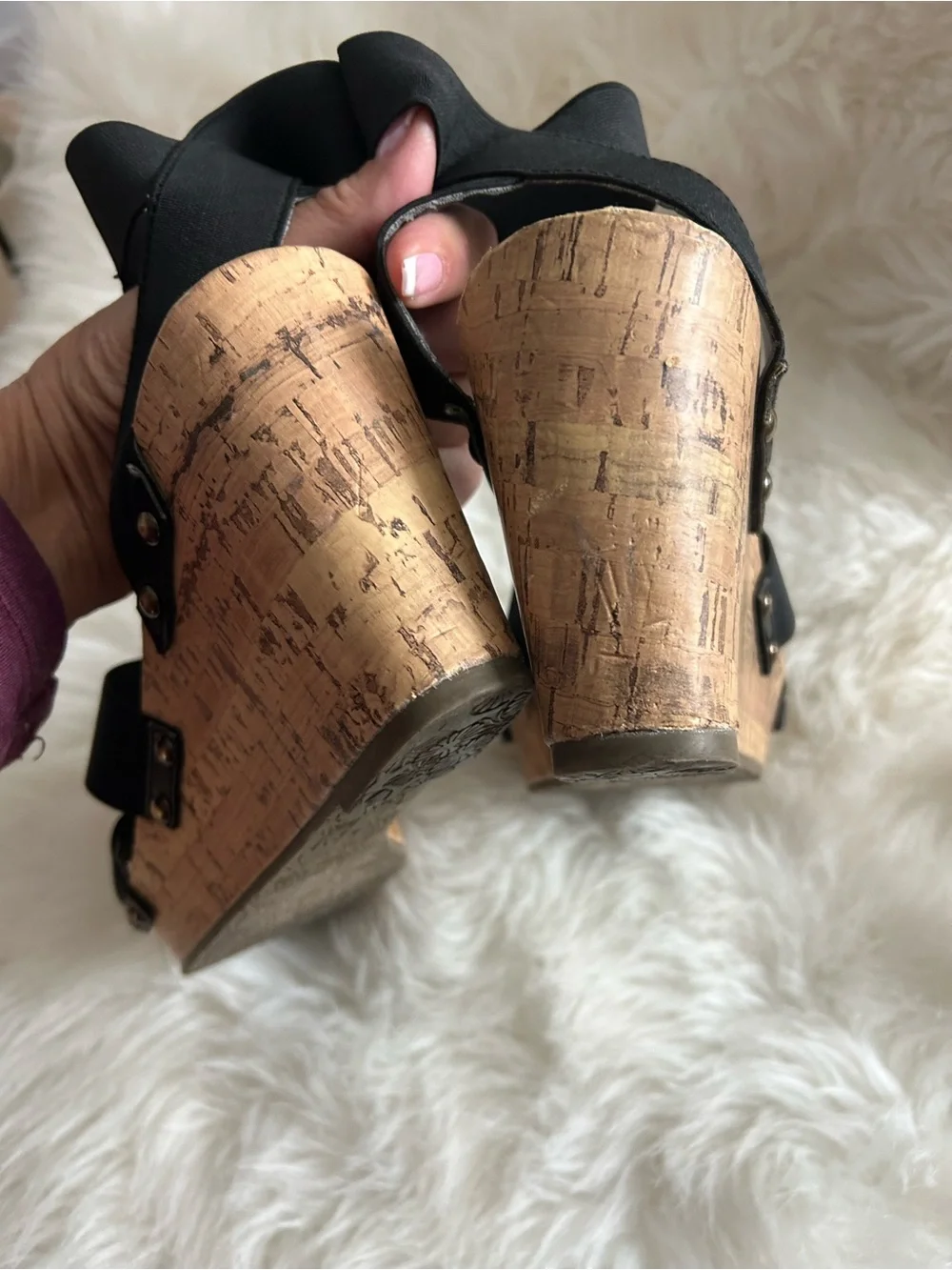 Esprit Black Elastic-Strap Cork Wedge Sandals with Ankle Wrap